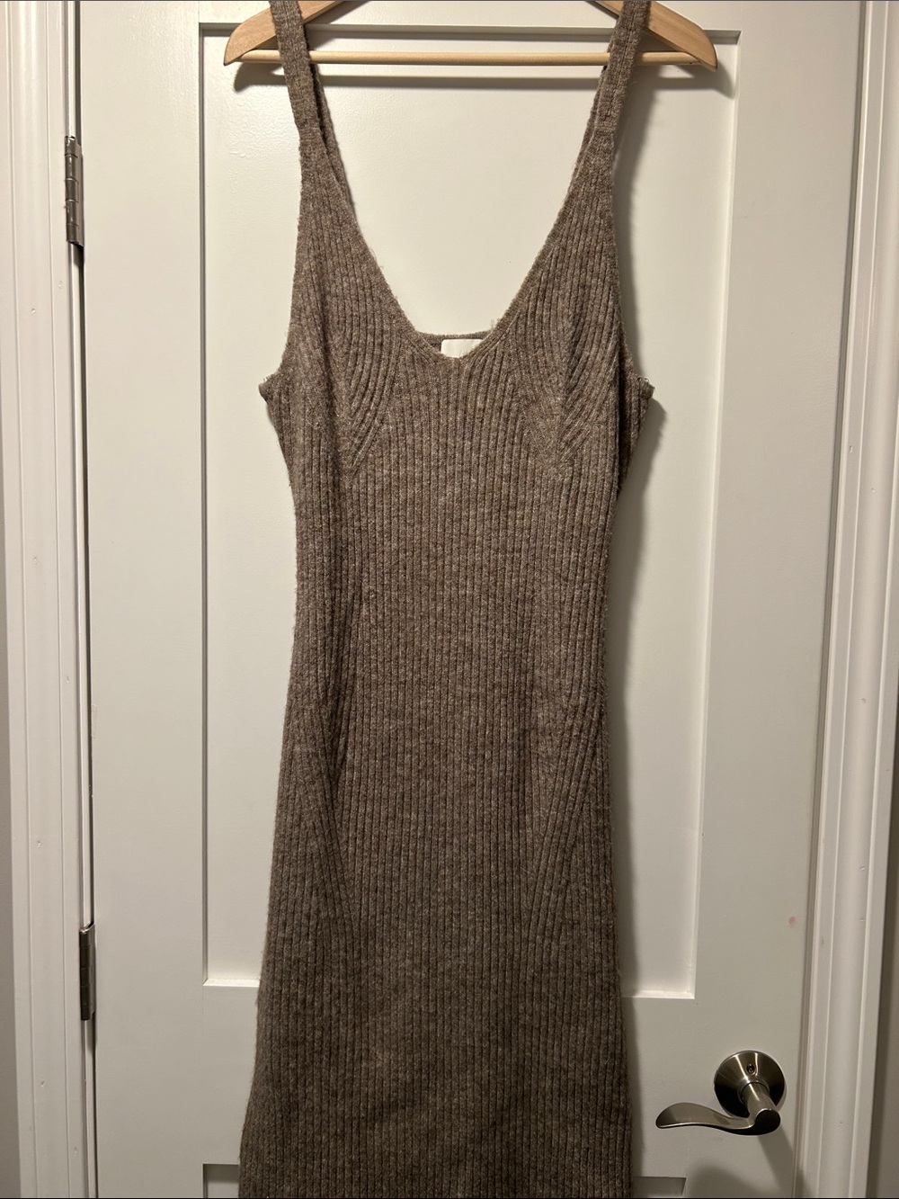 H&M Ribbed Knit V-Neck Dress in Taupe Brown. Would be so cute with Short boots.